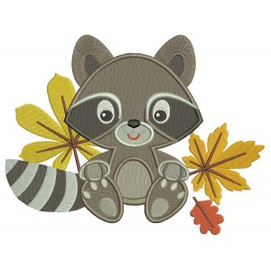 Cute Little Raccoon With Leaves Filled Machine Embroidery Design Digitized Pattern